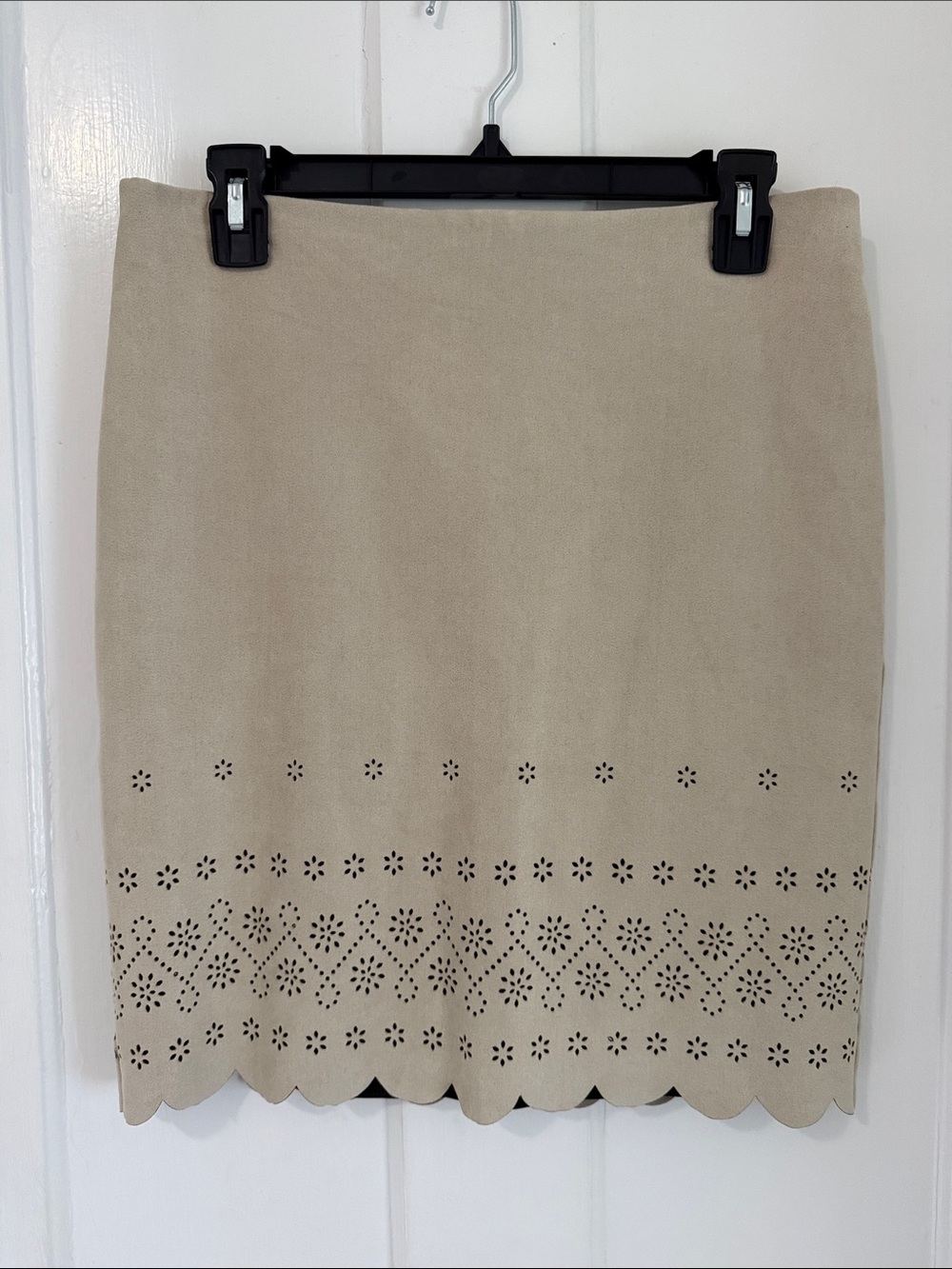 Beige Scalloped Laser-Cut Suede Pencil Skirt